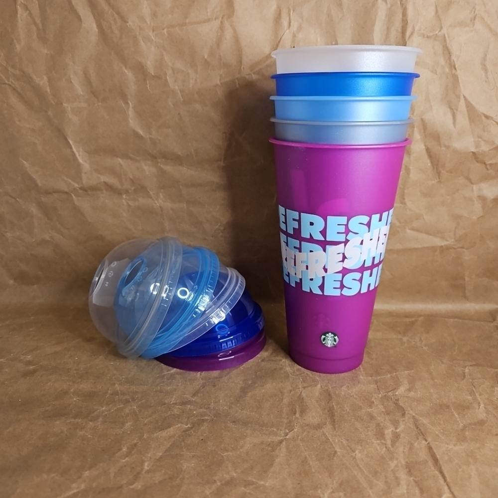 Starbucks Summer 2024 Printed Dome Lid Reusable Plastic Cold Cups, Set x5, No...